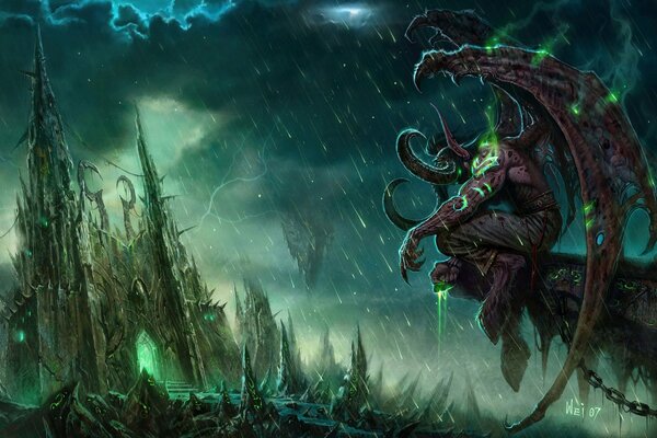 The world of warcraft is green. Beautiful monster and gothic castle