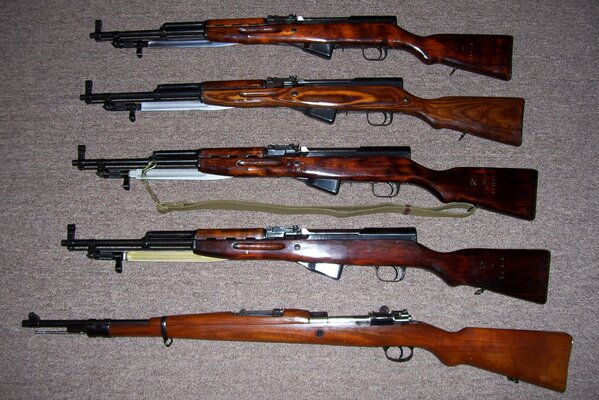 Los rifles con culatas de madera están alineados en una fila