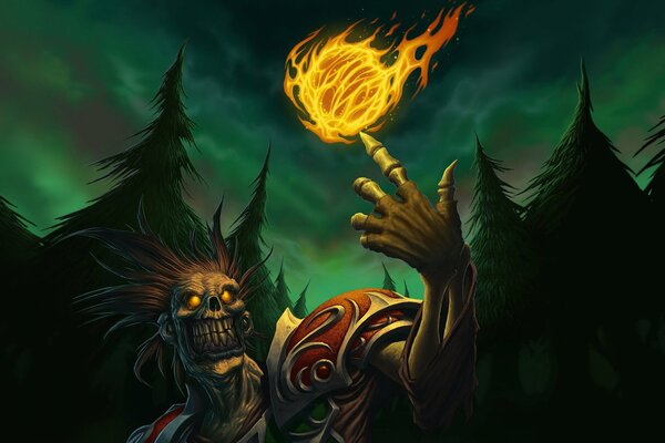 Undead with a fireball in the world of Warcraft