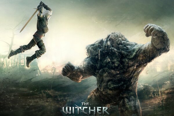 Witcher nel salto con la spada contro il Golem