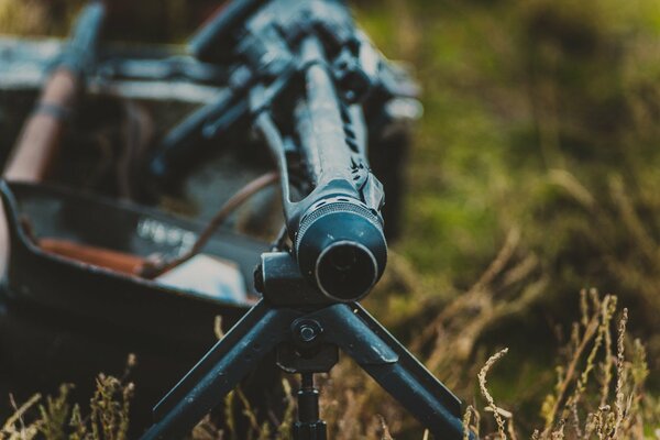 The muzzle of a machine gun in the grass