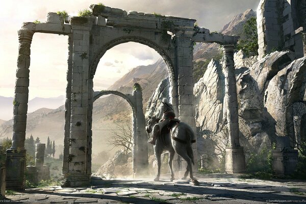 A rider on horseback rides through the gate of the ruins