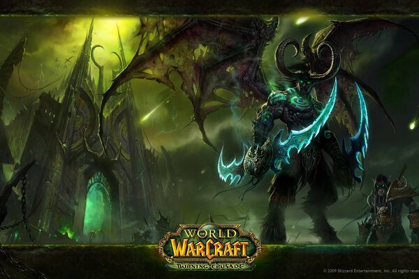 Warcraft. Le héros redoutable se tient debout et regarde avec ses yeux bleus