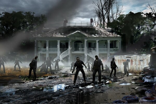 Zombies on the background of a house among garbage. Left 4 dead movie 