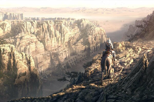 Assassins creed character in the gorge on horseback