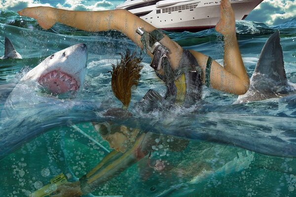 Lara Croft con un arpón en el agua entre los tiburones en el fondo de un barco