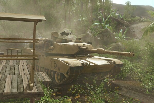 Tank next to the hut on the background of palm trees in a moment of respite after the battle