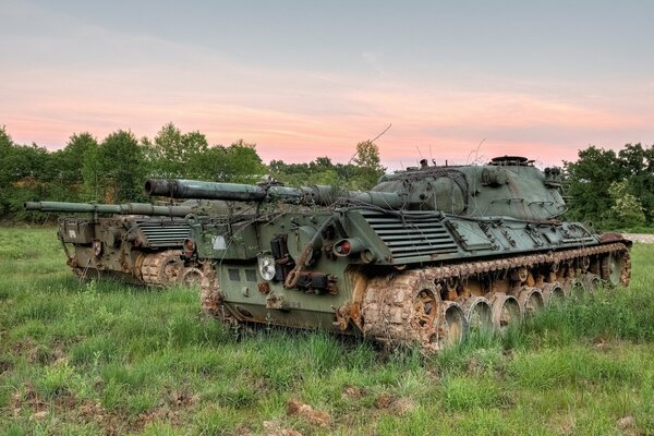 Two tanks are standing in the field