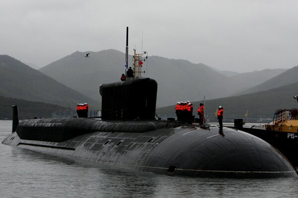 Project 955 Borey submarine with crew on the surface