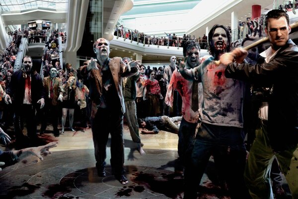 Tłum zombie w budynku i mężczyzna z nietoperzem