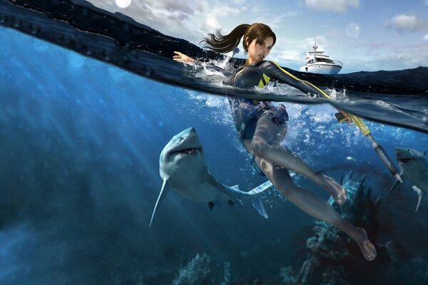 Tomb raider fights with a shark, and a yacht in the background