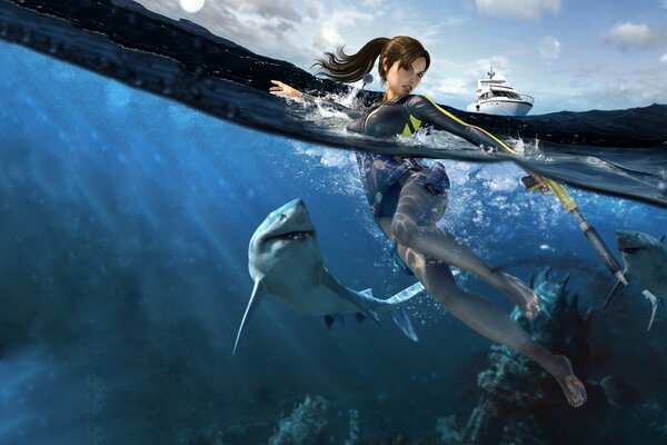 Tomb raider combatte uno squalo e uno yacht sullo sfondo
