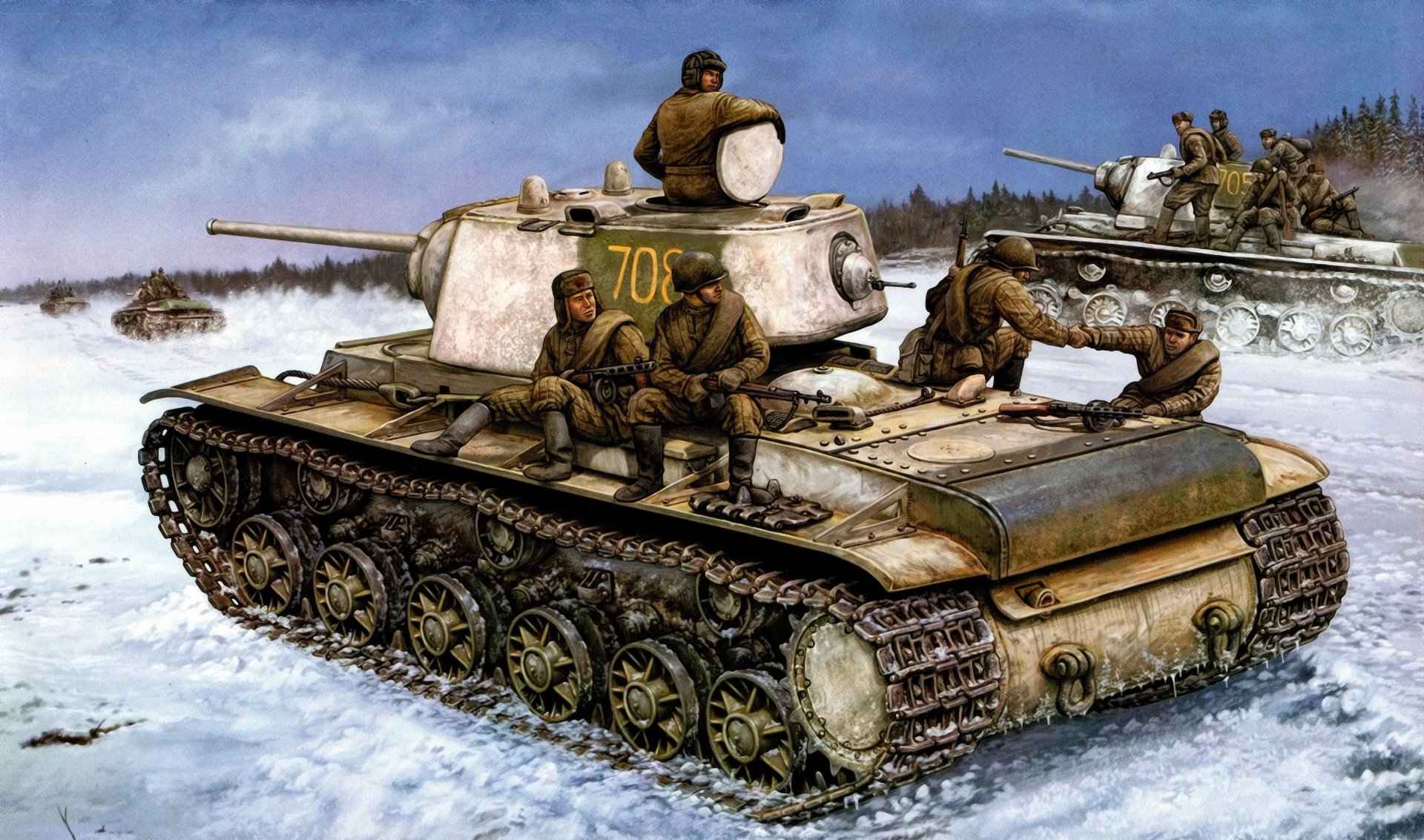 kv-1 réservoir russe ww2 guerre art peinture armée rouge infanterie russe