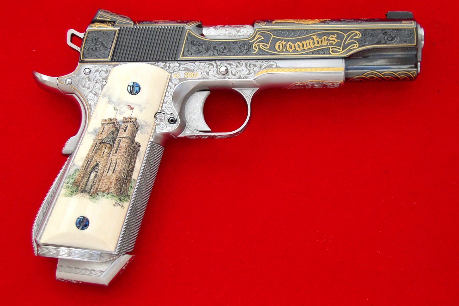 pistola auto-carga colt m1911-llc burro colt arma m1911 1911 rojo fondo con incrustaciones empuñadura hueso dorado elegante regalo opción automático armas personalizadas personalización oro calibre 11.4