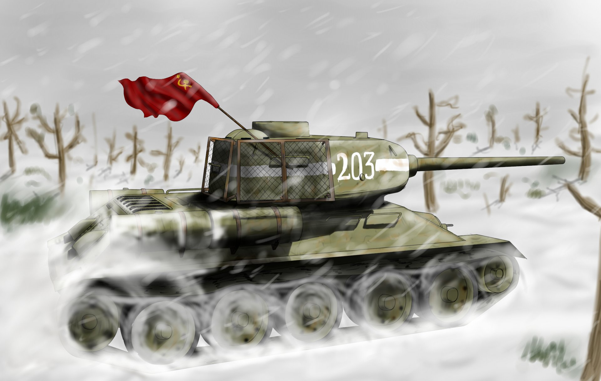 sovietica medio serbatoio t-34-85 banner urss seconda guerra sovietica neve inverno bufera di neve di arte disegno