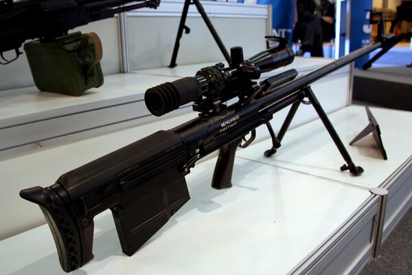 Large-caliber sniper rifle on display