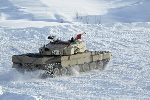 Grey tank in a snowy field