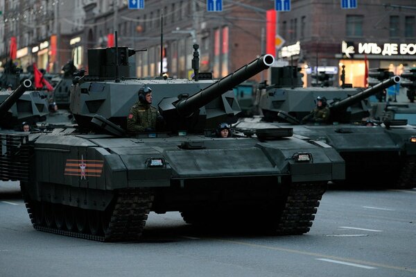 Rehearsal of the parade military tanks equipment