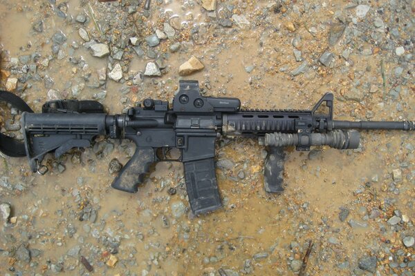 American Assault rifle on the rocks