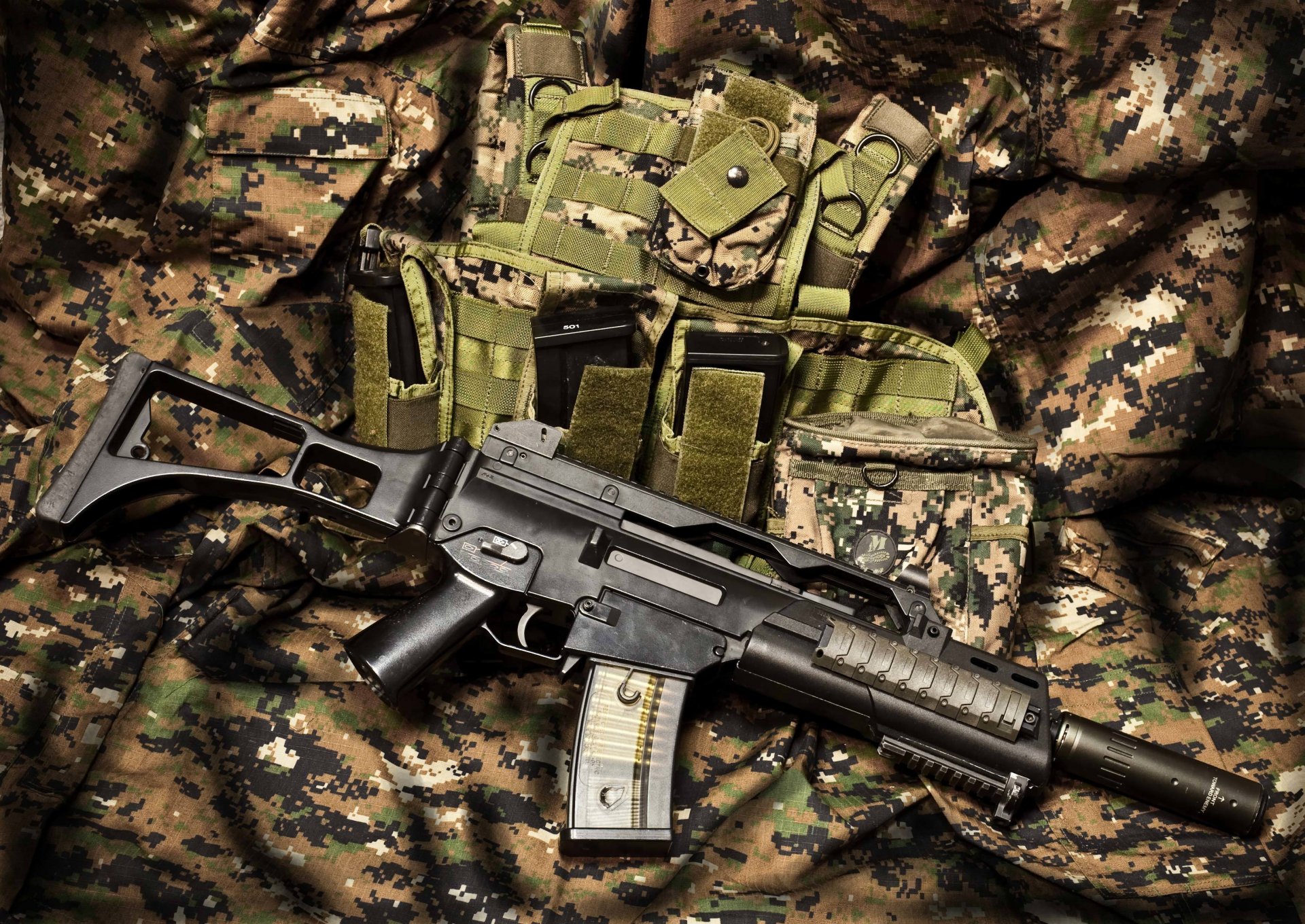 hk g36c assault rifle machine weapon camouflage