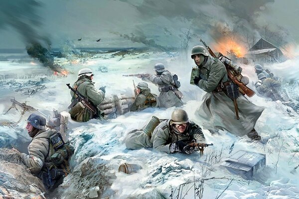 Soldats sur la neige pendant la bataille