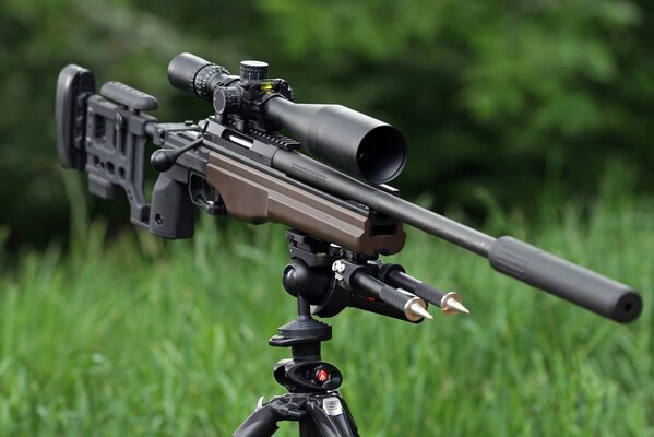 Rifle de francotirador con óptica en el fondo de la hierba