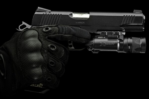 Рука в черной защитной перчатке держит пистолет