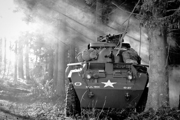 Samochód pancerny z okresu II wojny światowej na tle lasu w czerni i bieli
