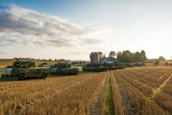 Armored vehicles field against the sky with white clouds