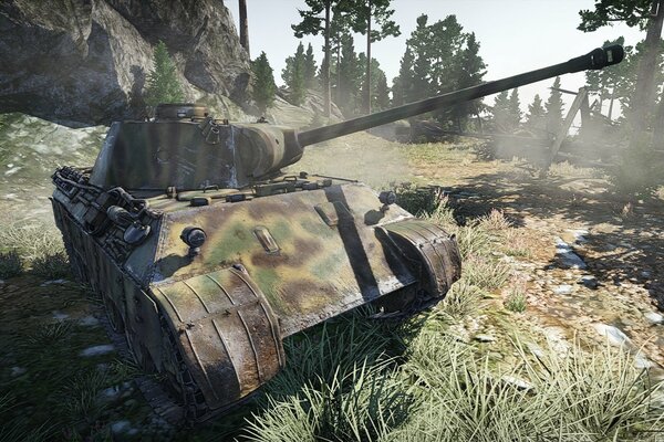 Немецкий танк среди камней и зелёного средний леса