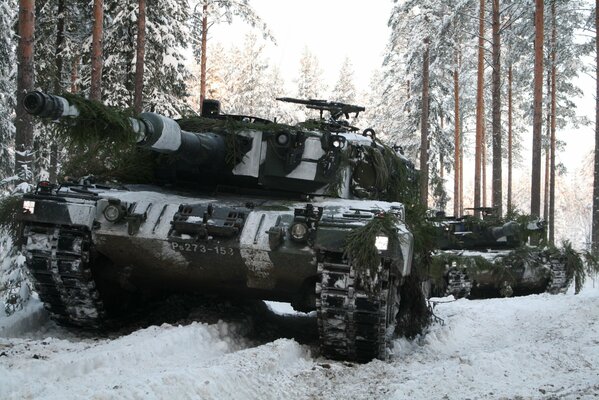 Leopard tank rides through the winter forest
