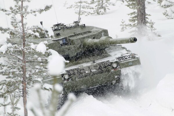 Leopard Tank unter schneebedeckten Bäumen