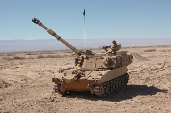 Self-propelled artillery installation in the desert