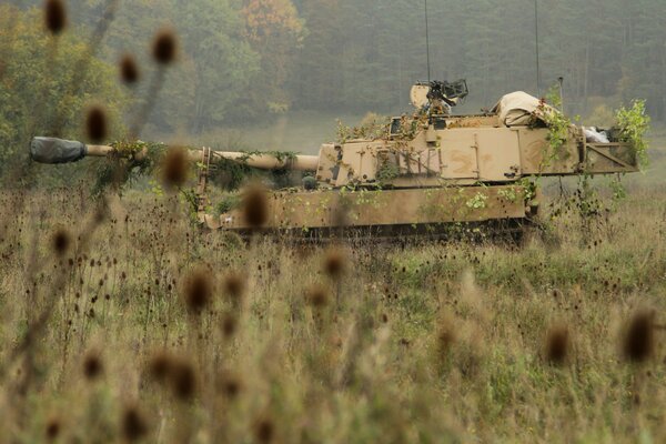 Amerikanische selbstfahrende Haubitze im Feld vor Waldhintergrund