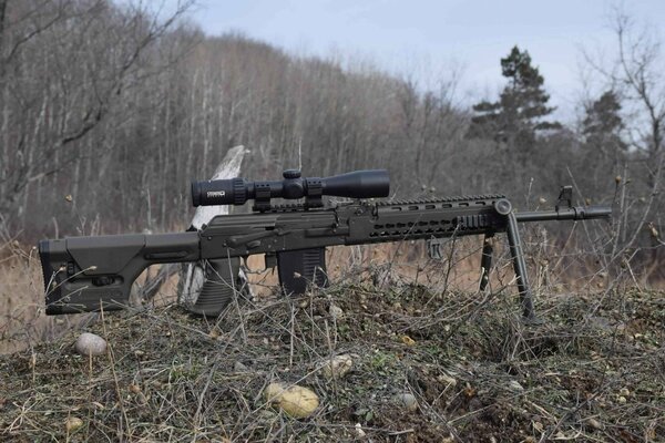 Scharfschützengewehr mit Zielfernrohr im Wald auf dem Rasen