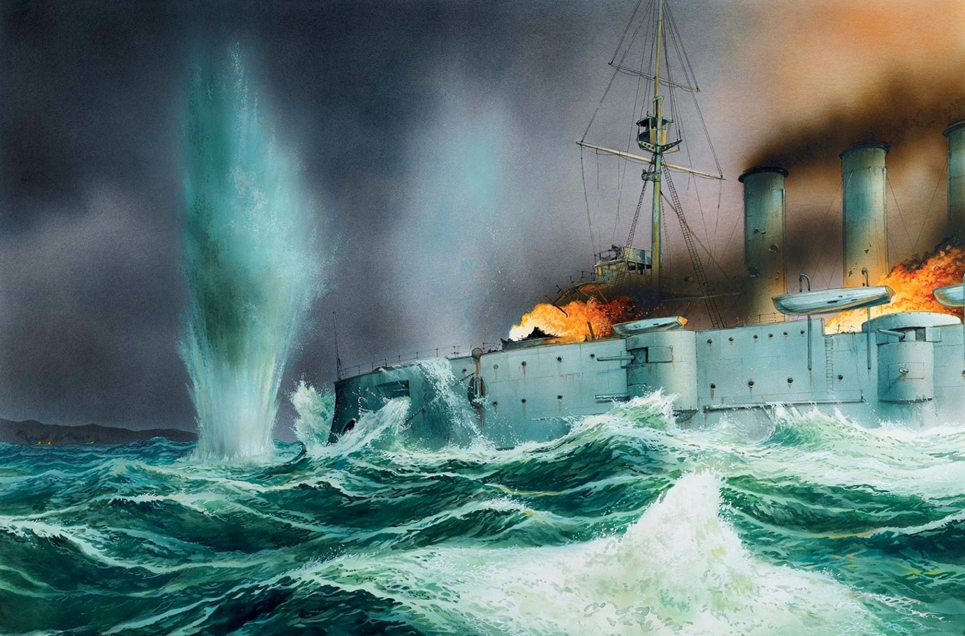 kunst meer wellen schlacht am hafen von coronel chile 1. november 1914 britisch schlachtschiff-kreuzer good hope explosionen flammenpfeiler schiffsuntergang ww1 zeichnung