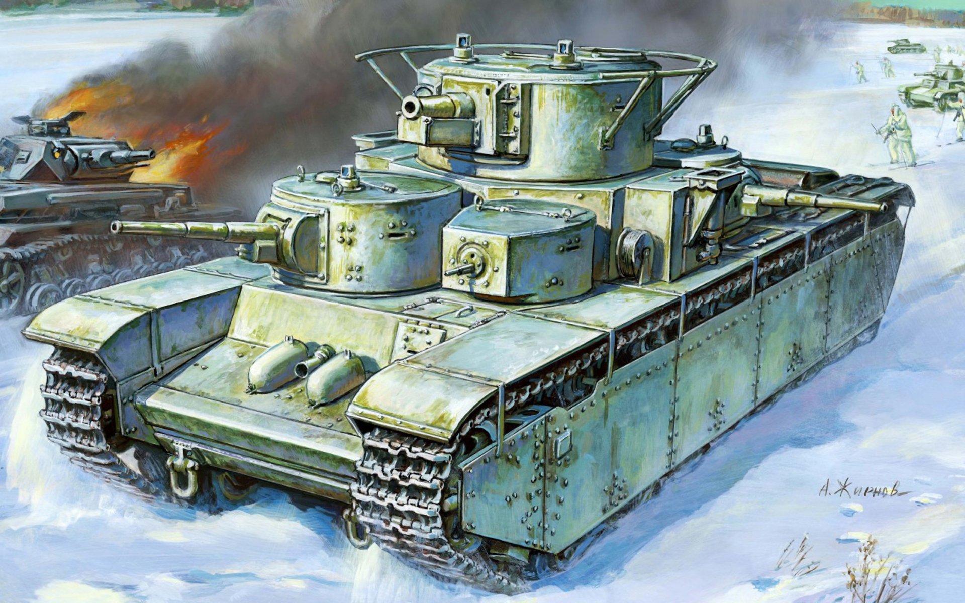 art tank t-35 soviet the only one in the world five-turret mass-produced caliber guns 1x 2-mm 2x 45-mm machine guns 6x 62-mm dt battle for moscow winter 1941 left shot down german pz.kpfw.iv ussr wwii ww2 artist A.zhirnov