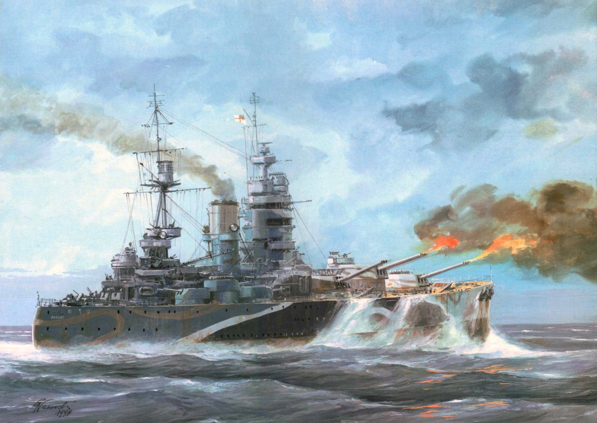 arte océano olas rodney rodney lineal barco marina reino unido ww2 batalla disparos llama dibujo