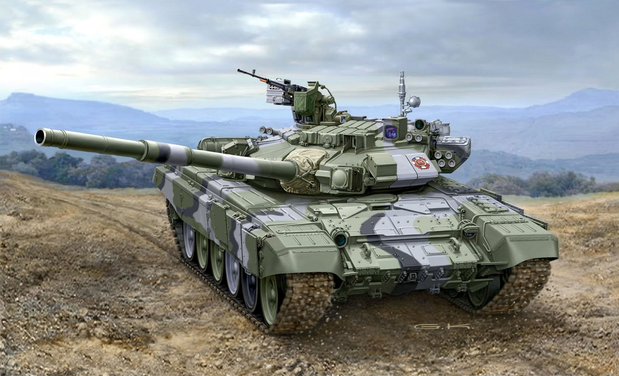 kunst panzer t-90a russisch obt kaliber 125 mm maschinengewehre 1x 7 mm nsv oder schnur 62 mm pkt optional bewaffnung reflex-m testgelände übungen russland künstler g.klawek