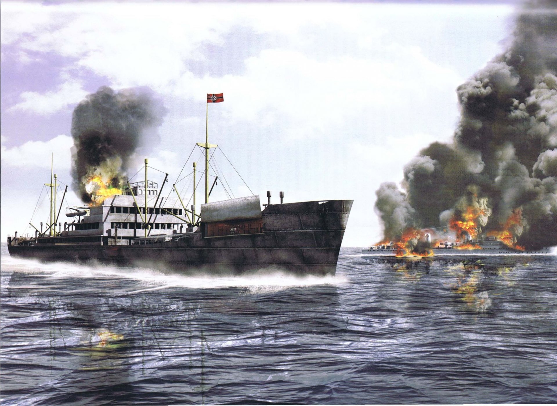 art sea ships cargo ship destroyer fire smoke ww2 picture