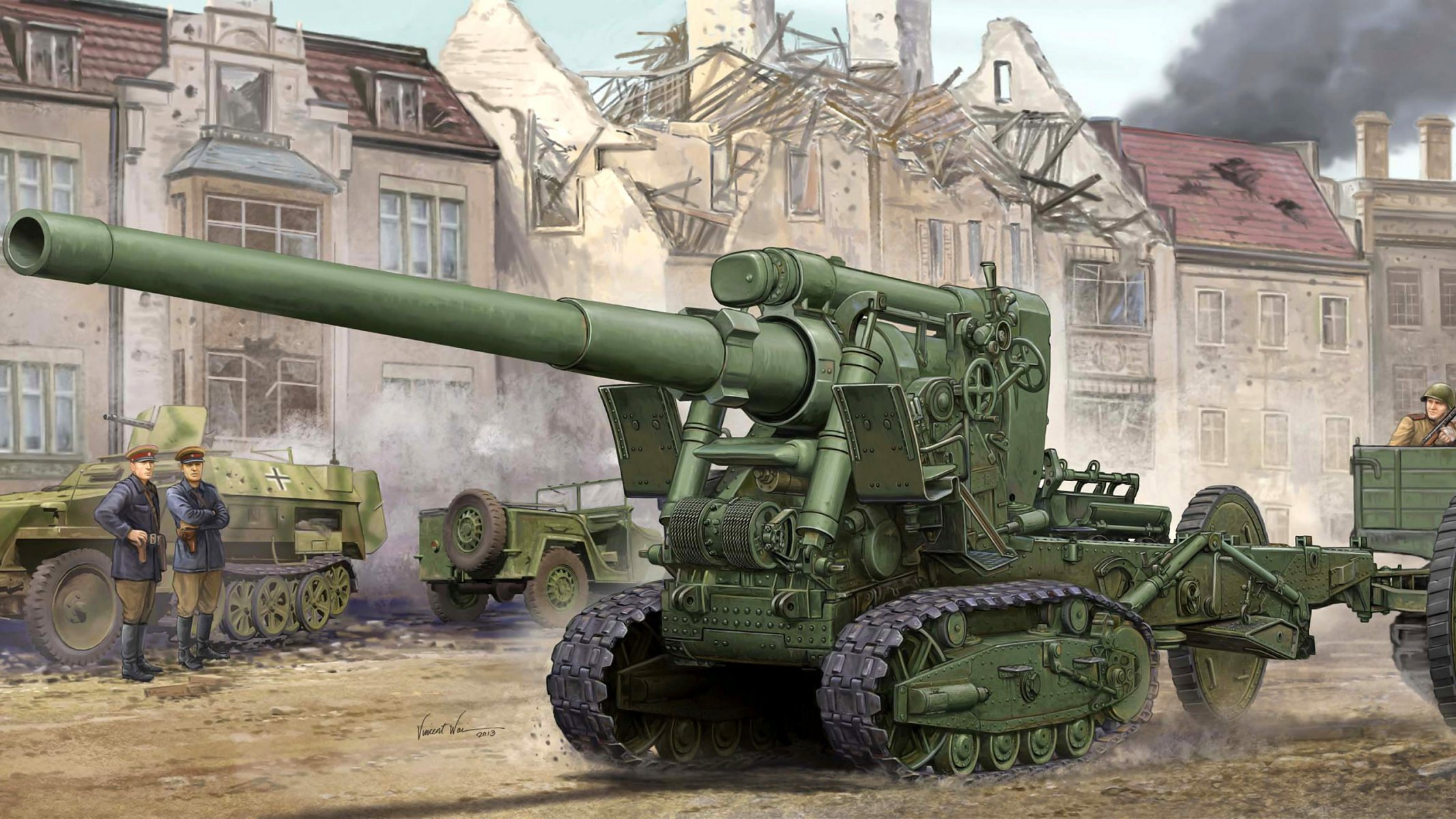 art artillerie br-2 sowjetisch kanone groß macht raupen lafette kaliber 4 mm probe 1935 verwendet schlacht von kursk berlin offensiv operation abschleppen mit zugmaschine woroschilowez weltkrieg udssr ww2 künstler vincent vai