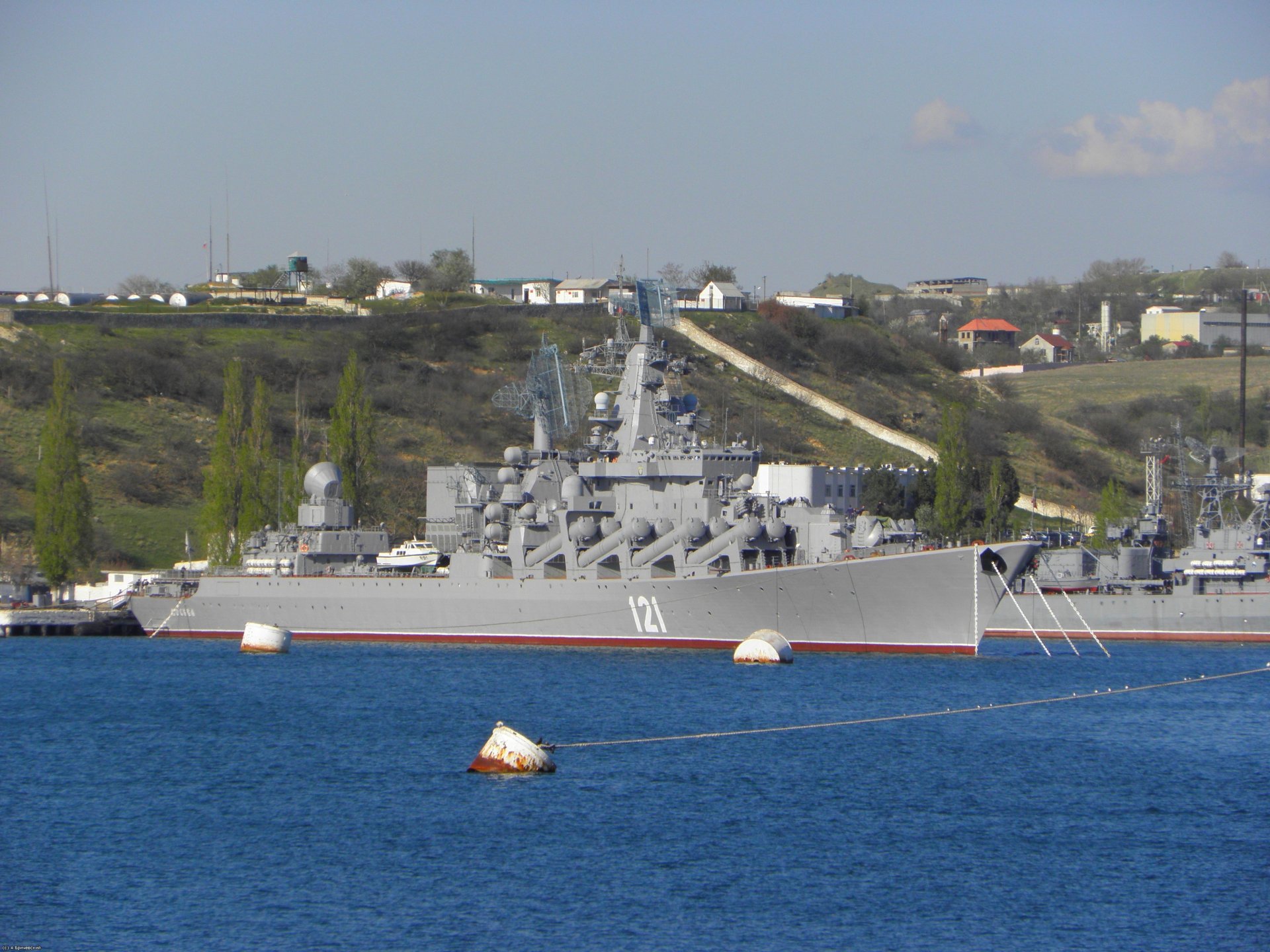 guards missile cruiser moscow project 1164 atlant black sea fleet navy russia port sevastopol ship sea protective fences rocket