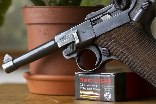 Luger with rust on the handle on the background of a flowerpot