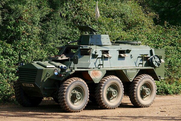 An armored personnel carrier stands against the background of foliage during the day