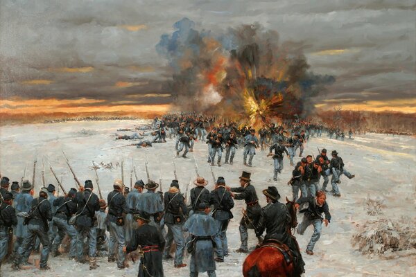 Picture. The retreat of soldiers in the war between the North and the South in America