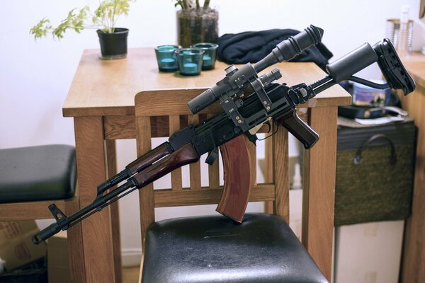 Kalashnikov assault rifle located in the middle of the room