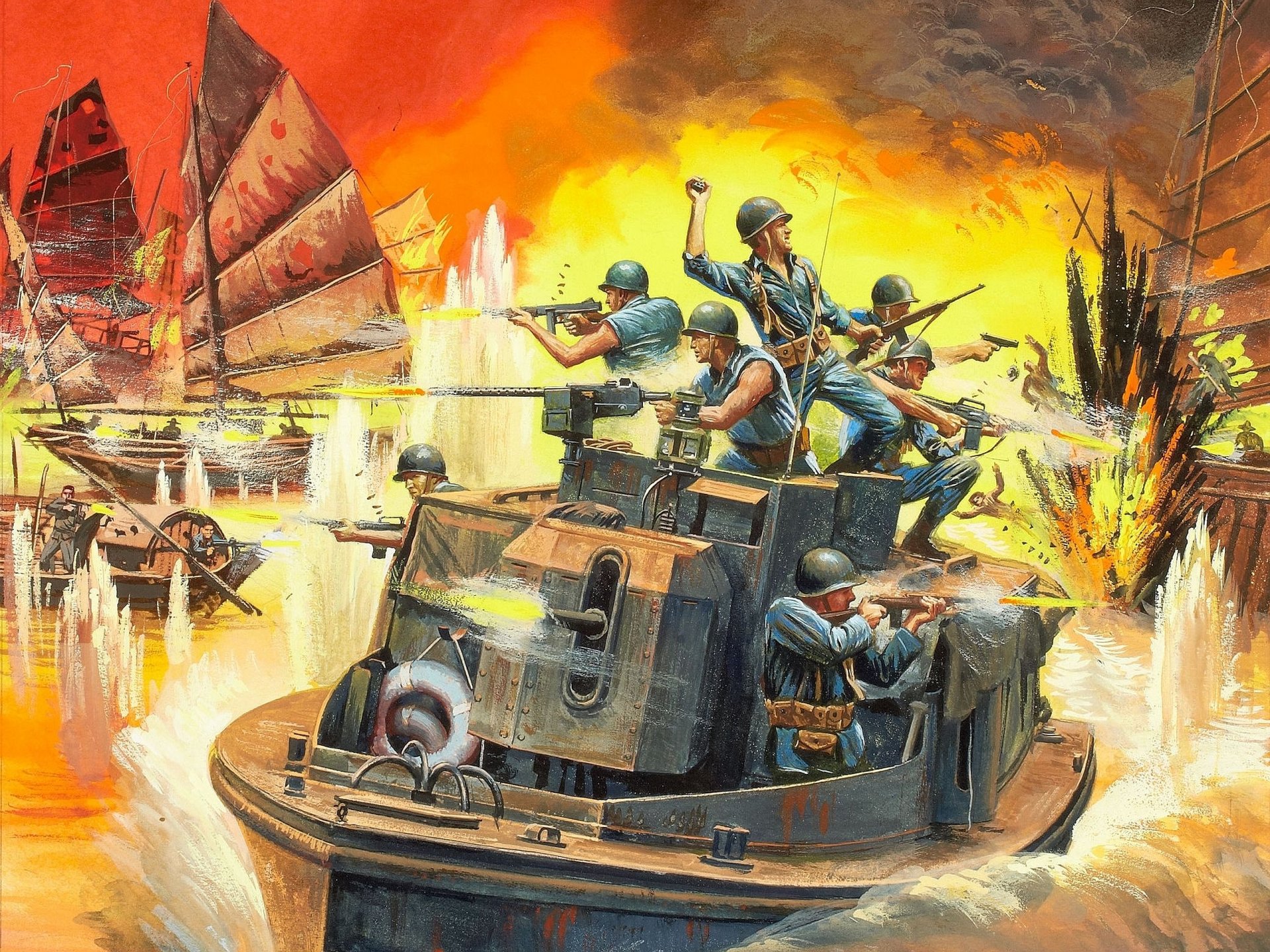 art vietnam mekong river armored boat men weapon shooting explosions fire junks picture