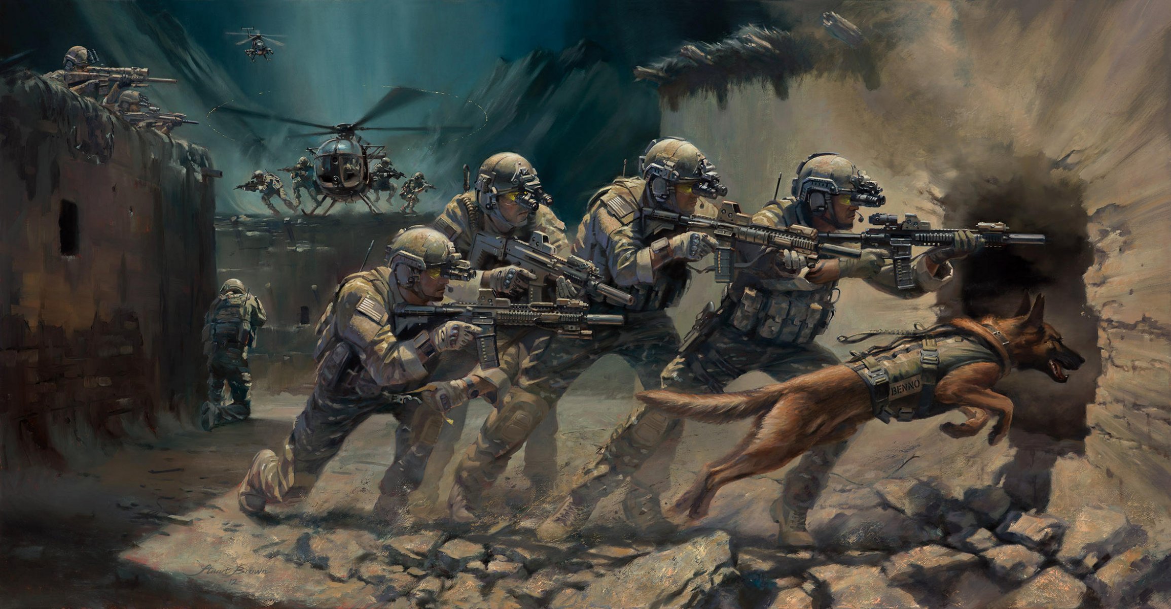 kunst soldaten spezialeinheiten sturmgewehre waffen ausrüstung hund greifen operation hubschrauber