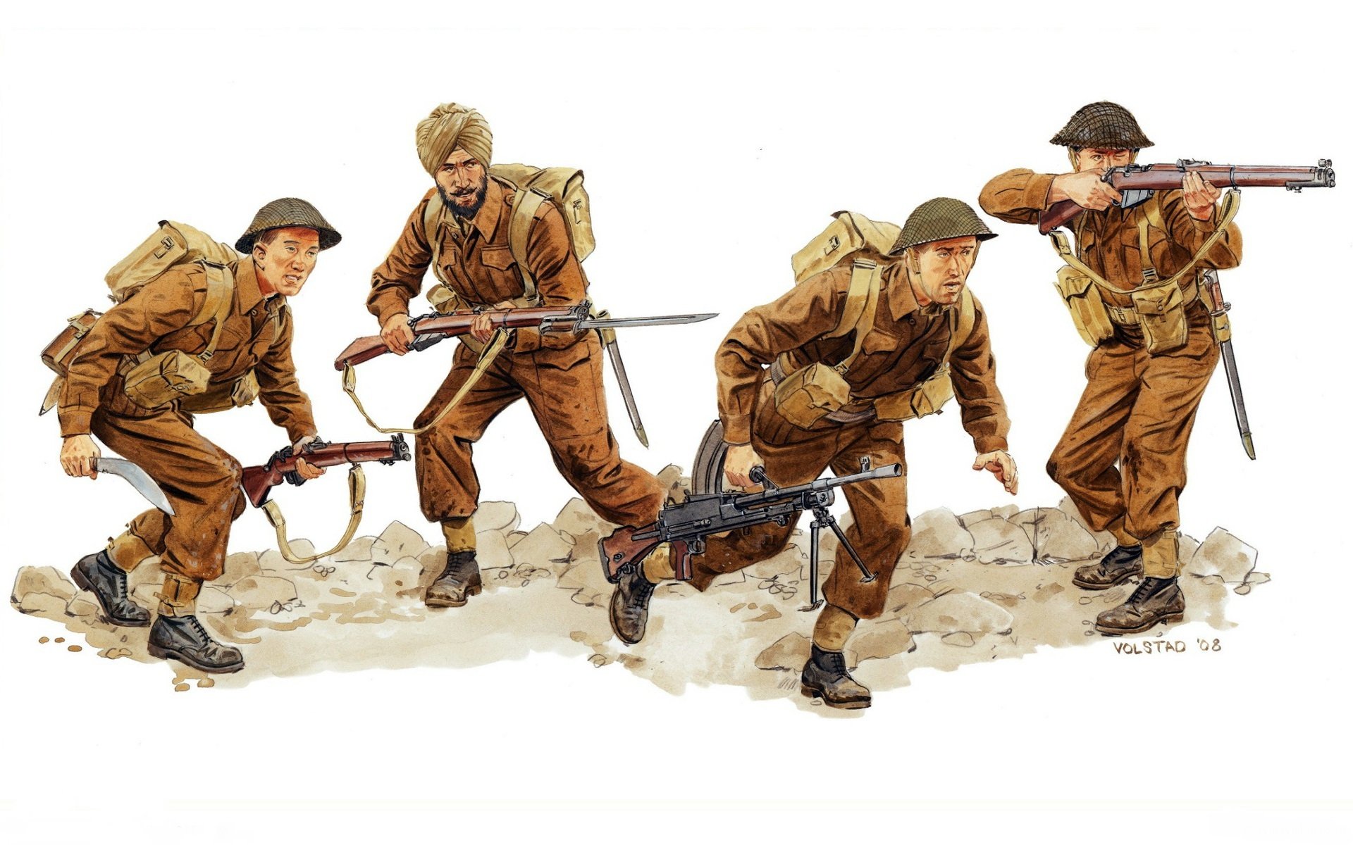 art bataille de monte cassino 1944année troupes alliées soldats néo-zélandais indiens armes fusils baïonnettes équipement munitions ww2 dessin