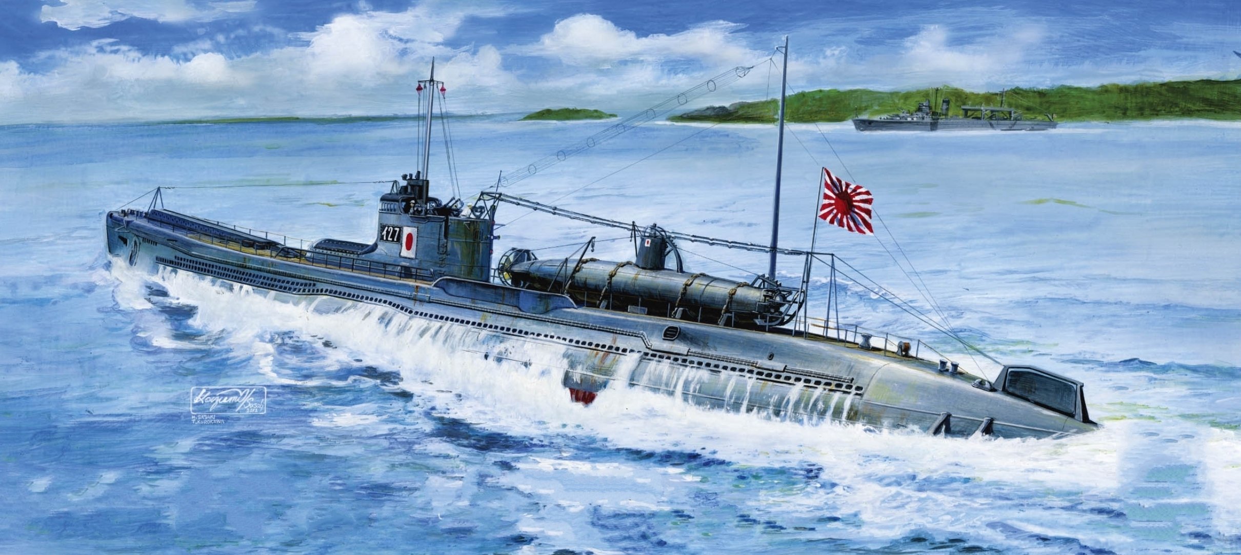 kunst bucht i-27 japanisch u-boot boot zerstörer ufer ww2 zeichnung